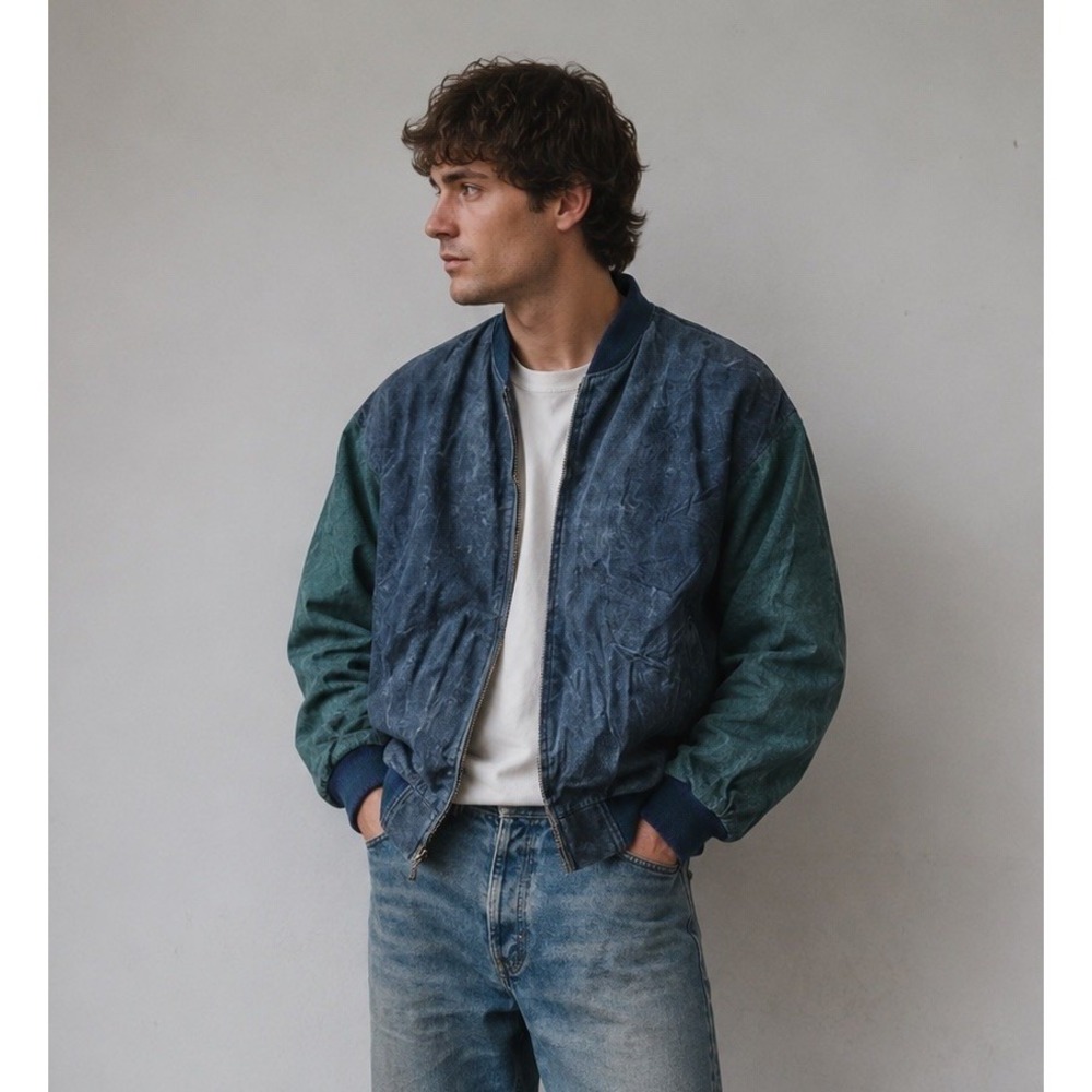Vintage Goldway Suede Leather Bomber Style Jacket, Blue Green Thrashed Sz XXL